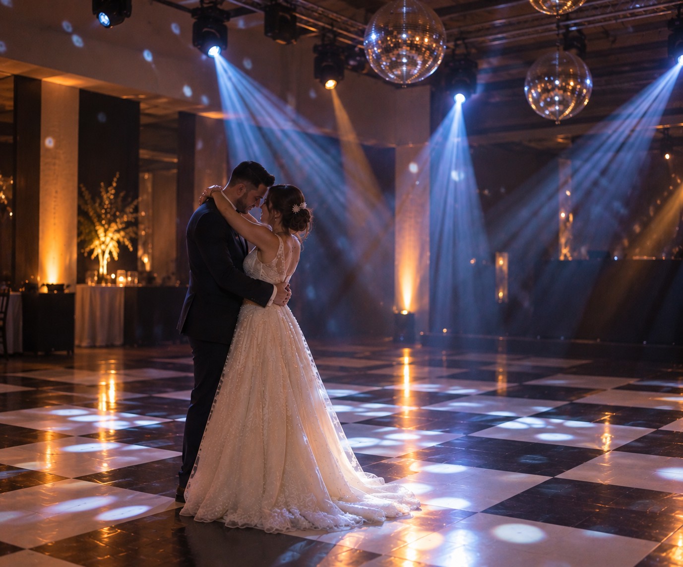 Pareja bailando en una recepción de matrimonio con pista ajedrezada e iluminación elegante